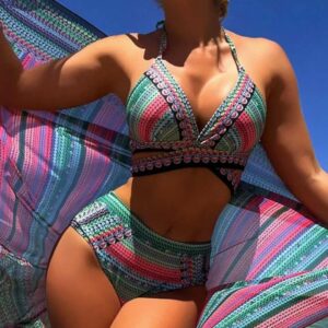 Three piece swimsuit women's tight bikini cross tie high waisted sun protection swimsuit women