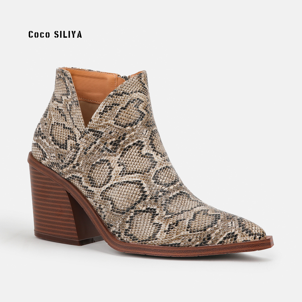 Women's Snakeskin Leather Boots New Ankle Boots Thick Heel Pointy Big Short Boots - Image 3