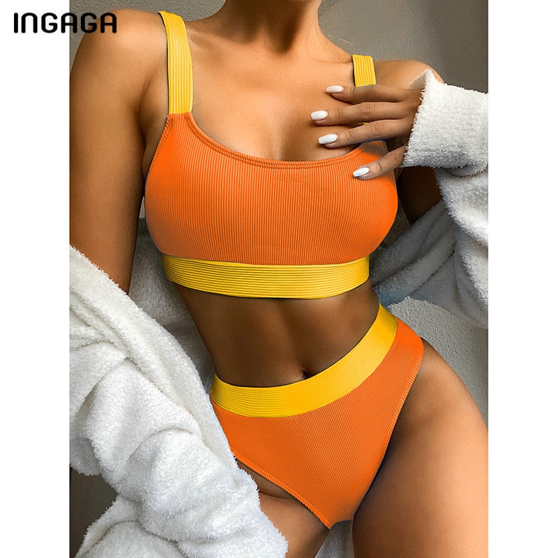 High Waist Bikinis Swimsuits Bandeau Swimwear Women Splicing Biquini Beachwear Sports Ribbed Bathing Suits New - Image 2