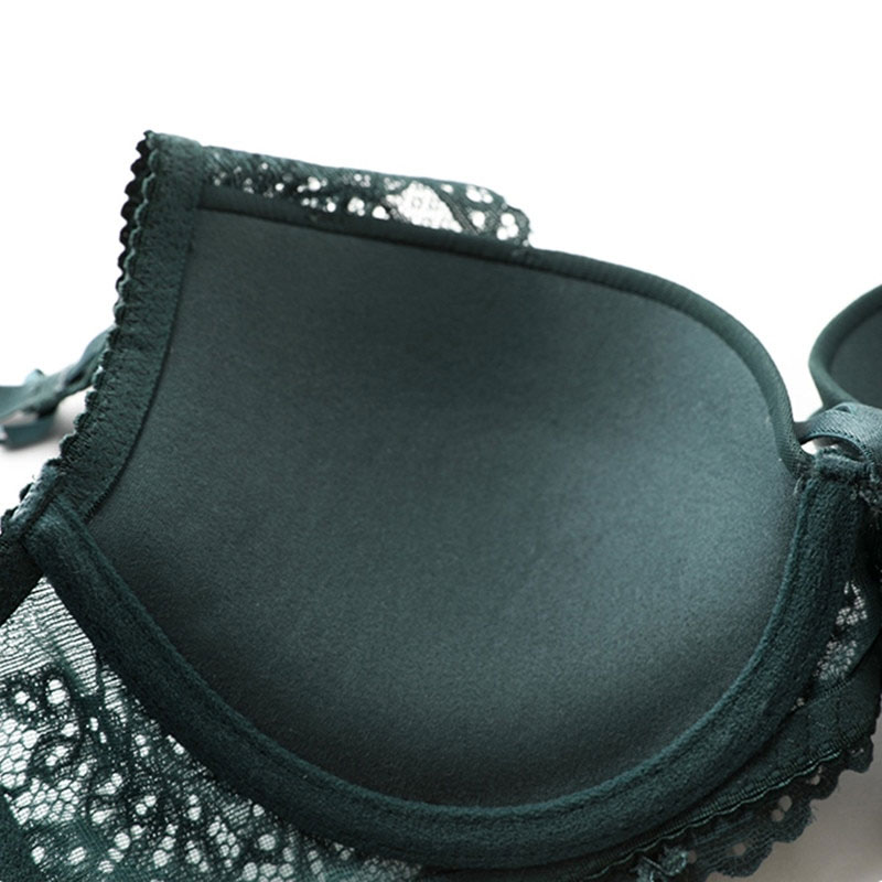 Green Underwear Set Women Bra Push Up Brassiere Cotton Thick Black Gather Sexy Bra Panties Sets Embroidery Lace Lingerie Set - Image 2