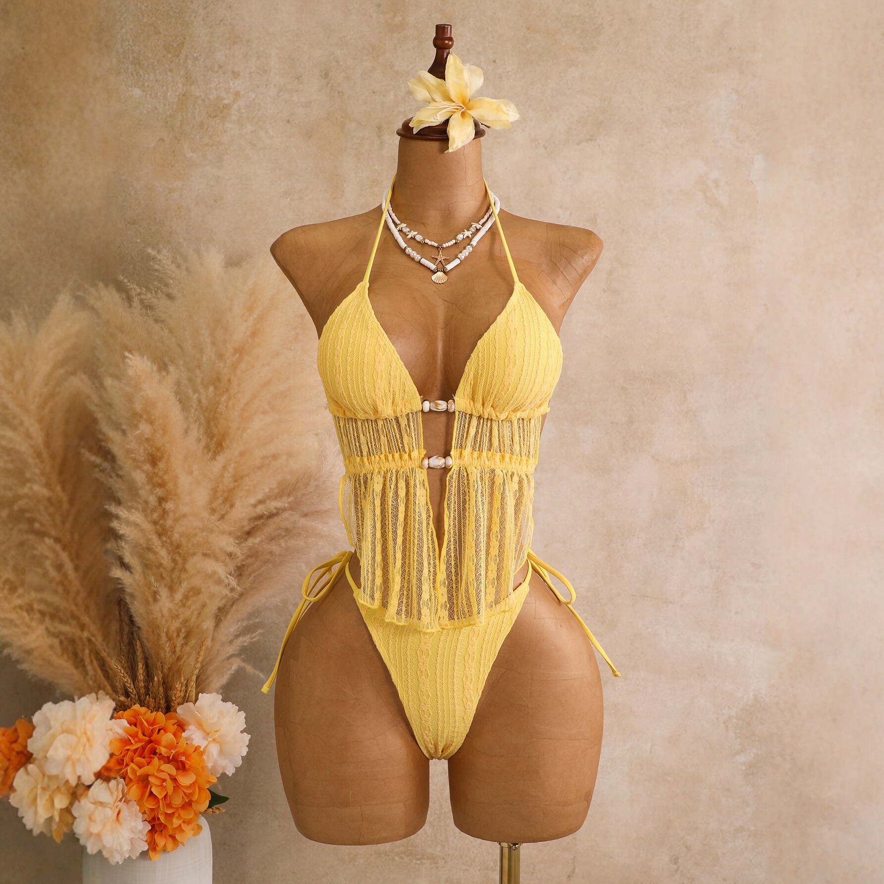 Yellow neck hanging bikini sexy hollow tassel lace up swimsuit for women