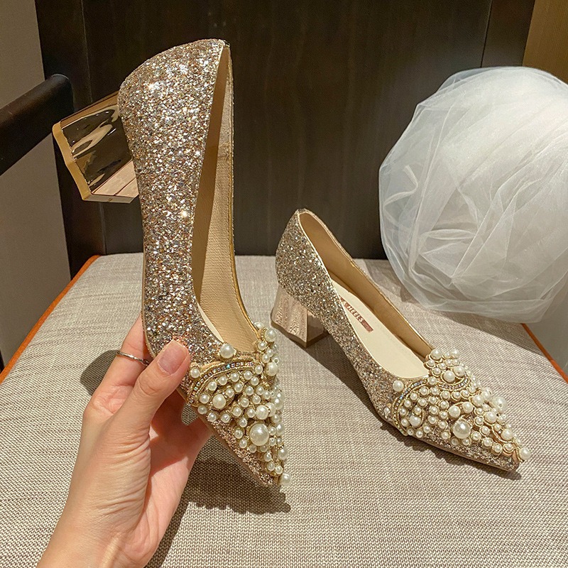 Pointed high heels, women's thick heels, French wedding shoes - Image 4