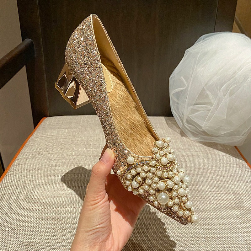 Pointed high heels, women's thick heels, French wedding shoes - Image 5