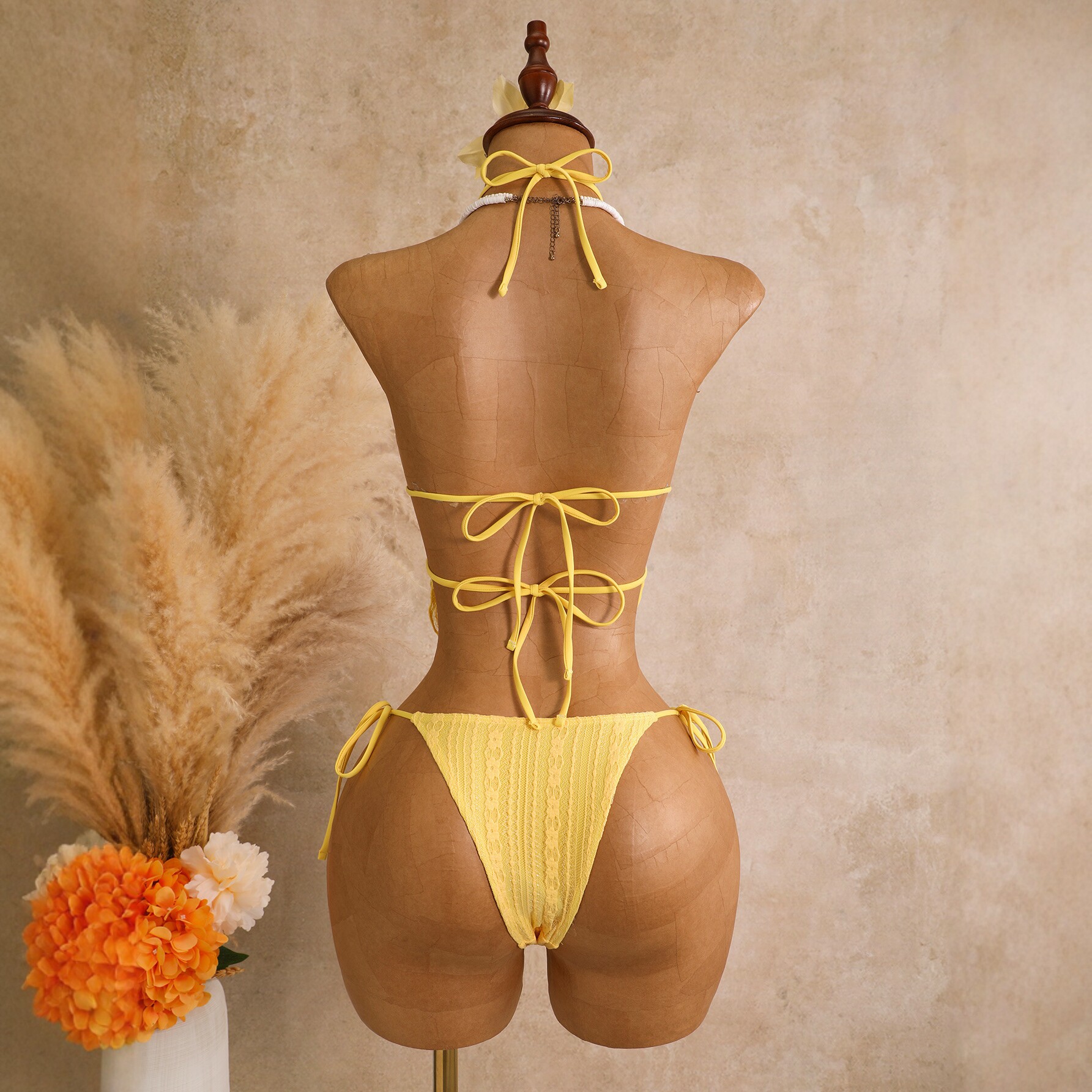 Yellow neck hanging bikini sexy hollow tassel lace up swimsuit for women - Image 2