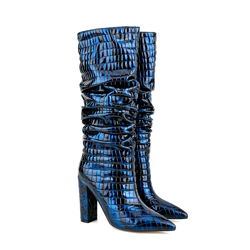 Women's Autumn and Winter New European and American Fashion Snakeskin Super Transition Leather Pleated Knee Length Boots - Image 2