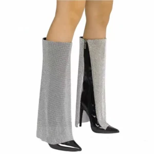 Women Bling Rhinestone Boots Sexy Pointed Toe Patent Leather Boots Fashion Crystals Mesh Decor Thin High Heels Mid-calf Boots