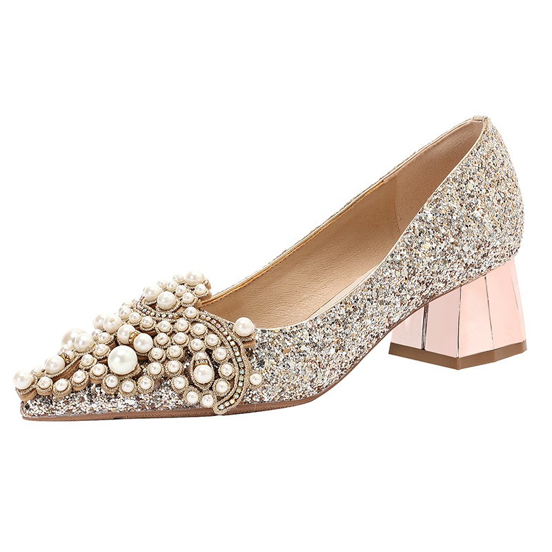 Pointed high heels, women's thick heels, French wedding shoes - Image 9