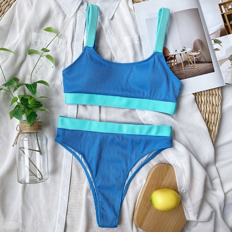 High Waist Bikinis Swimsuits Bandeau Swimwear Women Splicing Biquini Beachwear Sports Ribbed Bathing Suits New - Image 5