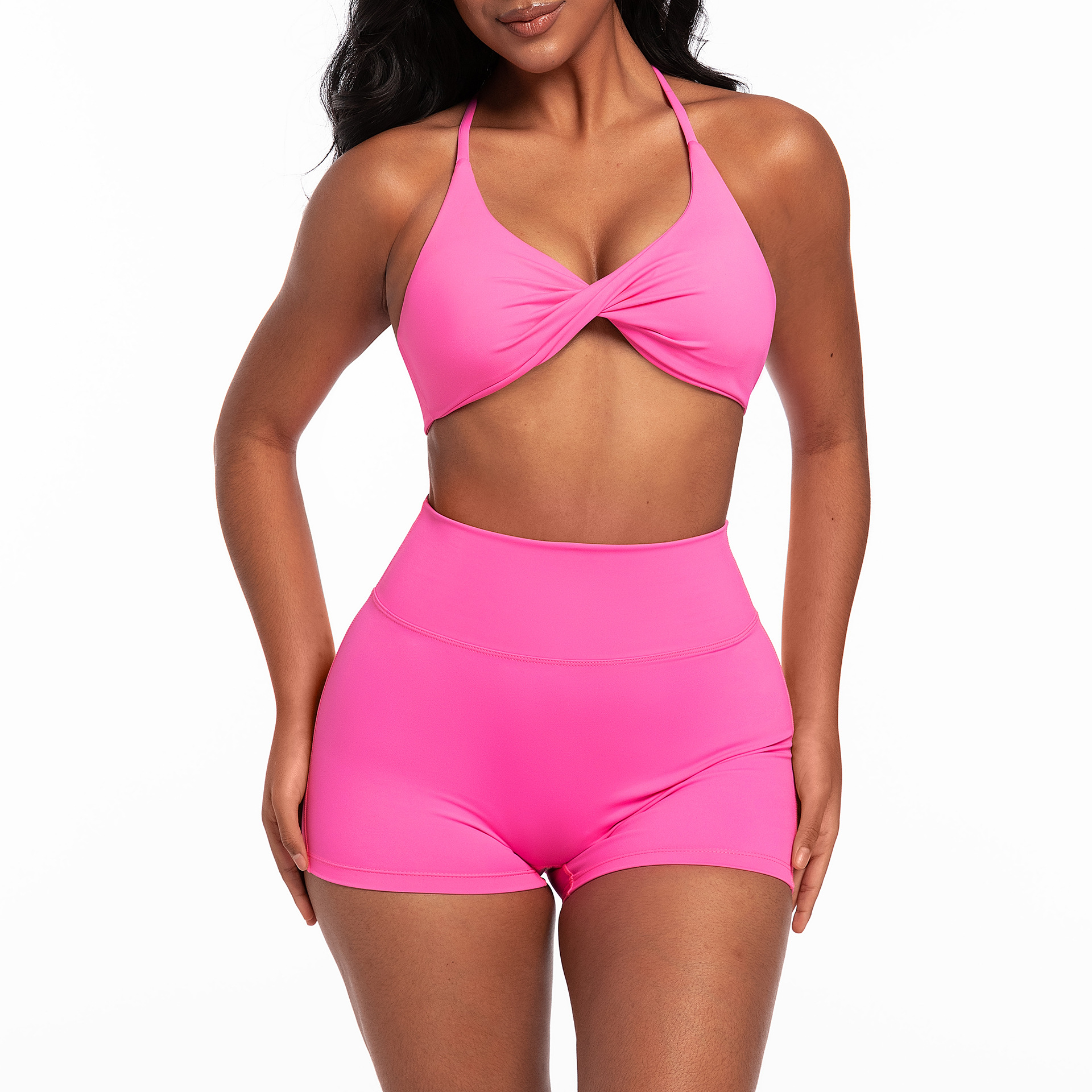 Outdoor yoga suit set, quick drying exercise yoga bra, women's high waist peach hip yoga shorts - Image 6