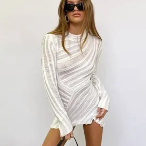 Hollow Out Long Sleeve Knitted Mini Dress Women Sexy White Bodycon Slim Dresses Autumn Female Streetwear Dresses