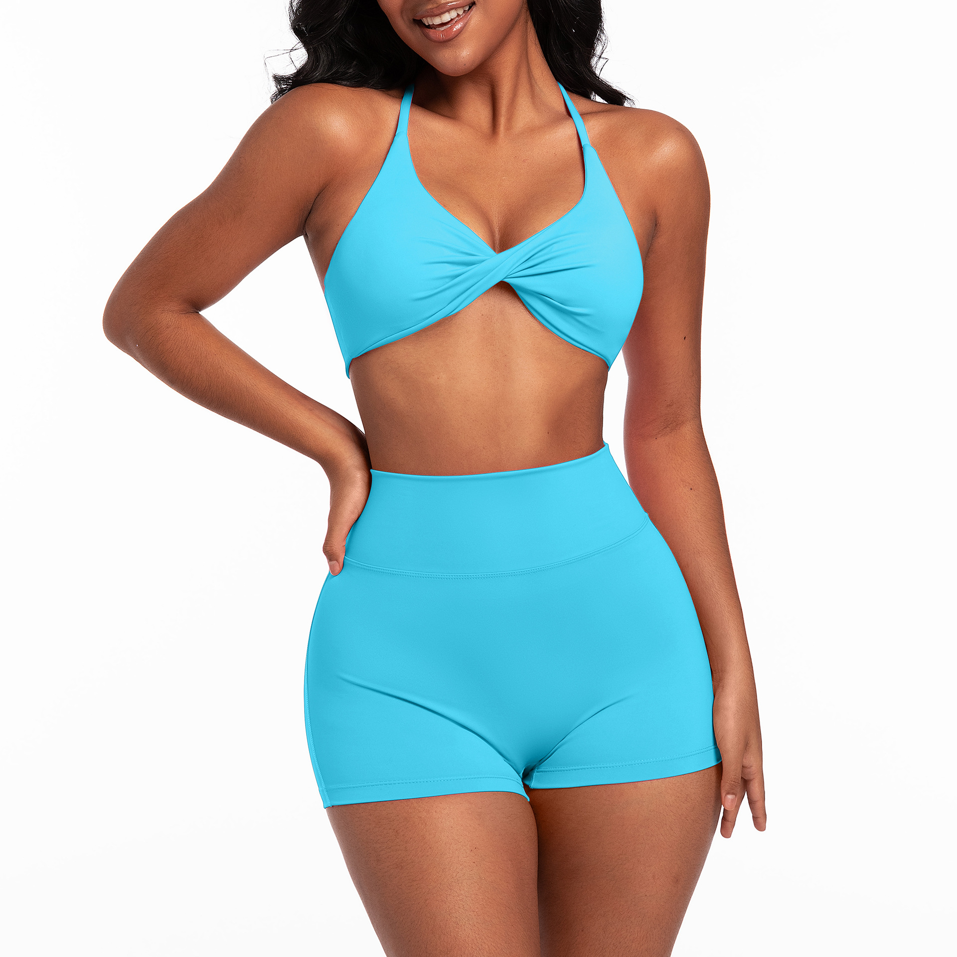 Outdoor yoga suit set, quick drying exercise yoga bra, women's high waist peach hip yoga shorts - Image 9
