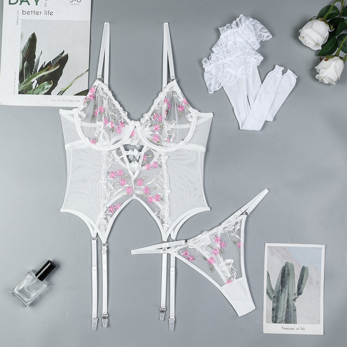 Embroidered Flower Set Two-Piece Panties and Suspender Socks European and American Style Lingerie Hollow Out Three-Piece Set - Image 7