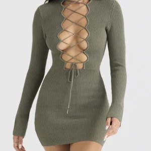 Women Sexy Short Dress With Lace-Up Design Outfits Green Long Sleeve Bodycon Bandage Dresses Vestidos