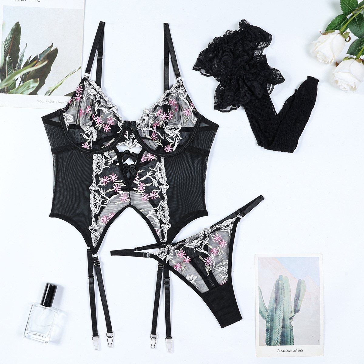 Embroidered Flower Set Two-Piece Panties and Suspender Socks European and American Style Lingerie Hollow Out Three-Piece Set - Image 6