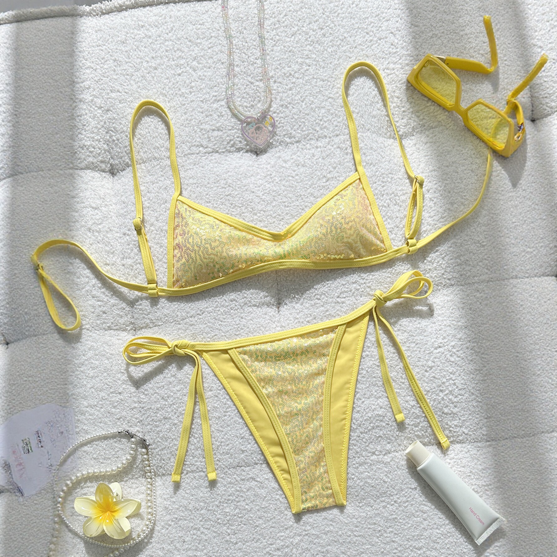 Yellow sequined bikini sexy triangular cup strap swimsuit for women - Image 2