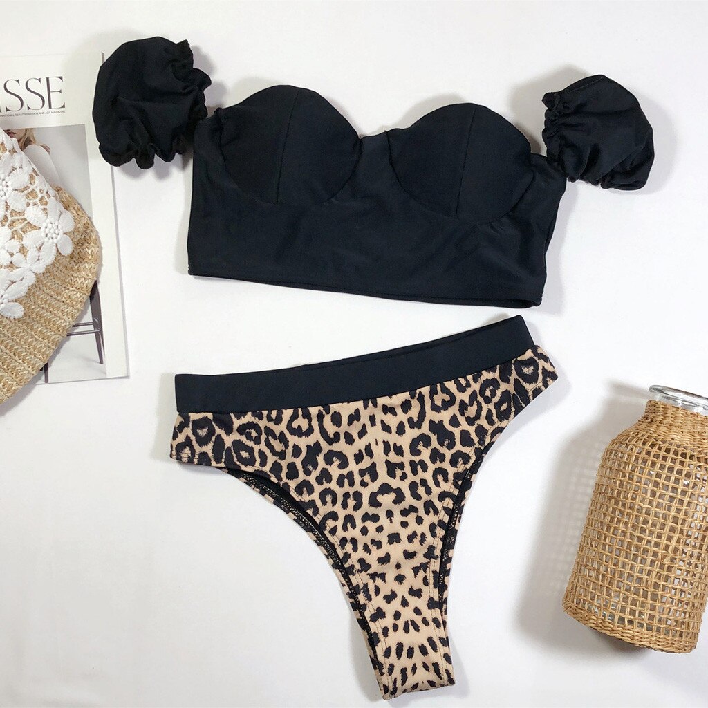 Swimwear Women Leopard Print Splice Bikini Push-Up Pad Swimwear Black Sexy Swimsuit Beachwear Bikinis Set Body Suit High Waist - Image 4