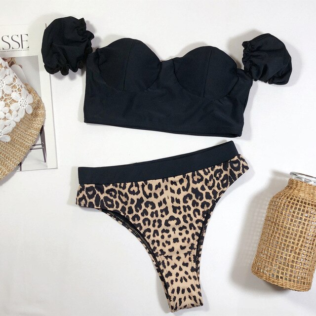 Swimwear Women Leopard Print Splice Bikini Push-Up Pad Swimwear Black Sexy Swimsuit Beachwear Bikinis Set Body Suit High Waist - Image 7