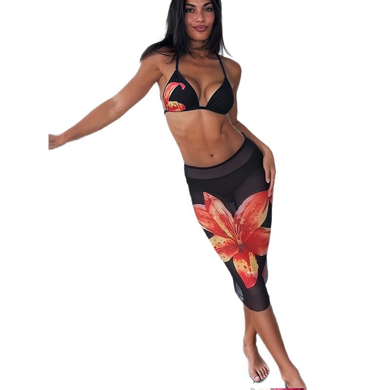 Printed Mesh Three-Piece Swimwear Set for Women Beach Bikini Swimwear