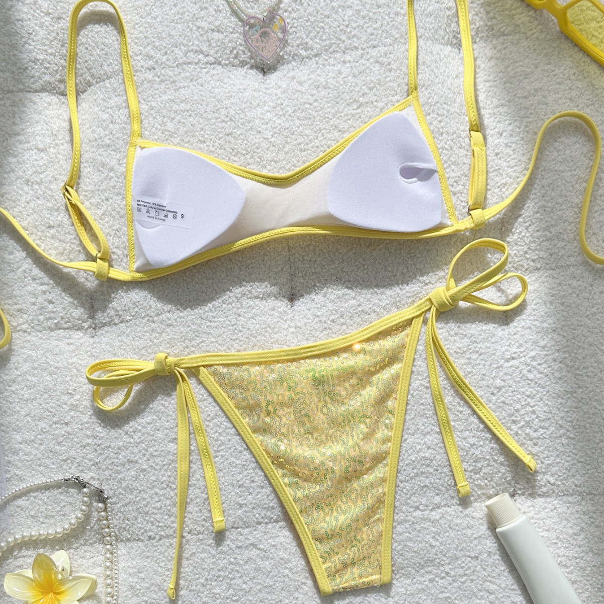 Yellow sequined bikini sexy triangular cup strap swimsuit for women - Image 3