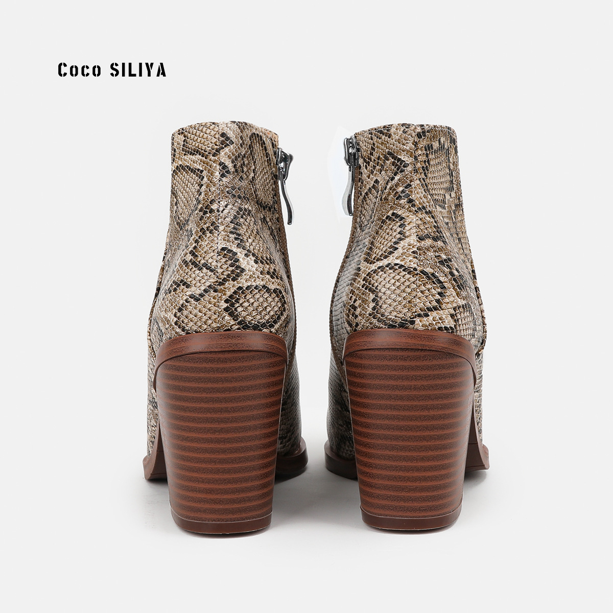 Women's Snakeskin Leather Boots New Ankle Boots Thick Heel Pointy Big Short Boots - Image 4