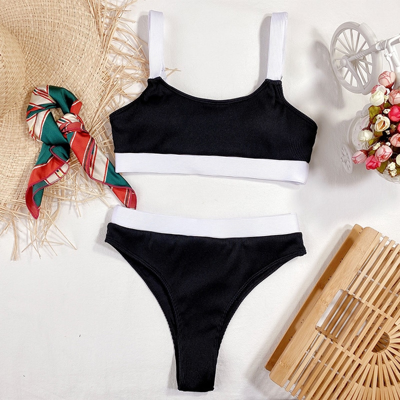 High Waist Bikinis Swimsuits Bandeau Swimwear Women Splicing Biquini Beachwear Sports Ribbed Bathing Suits New - Image 7