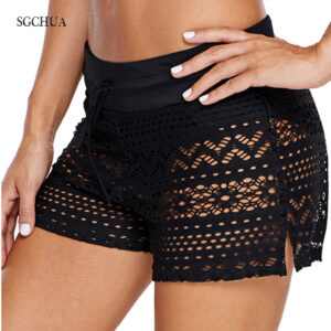 SGCHUA Sexy Black Mesh women's swimming trunks Plus Size Blue Lace swimsuit bottom Fat Swim shorts Boxer Briefs New Panties