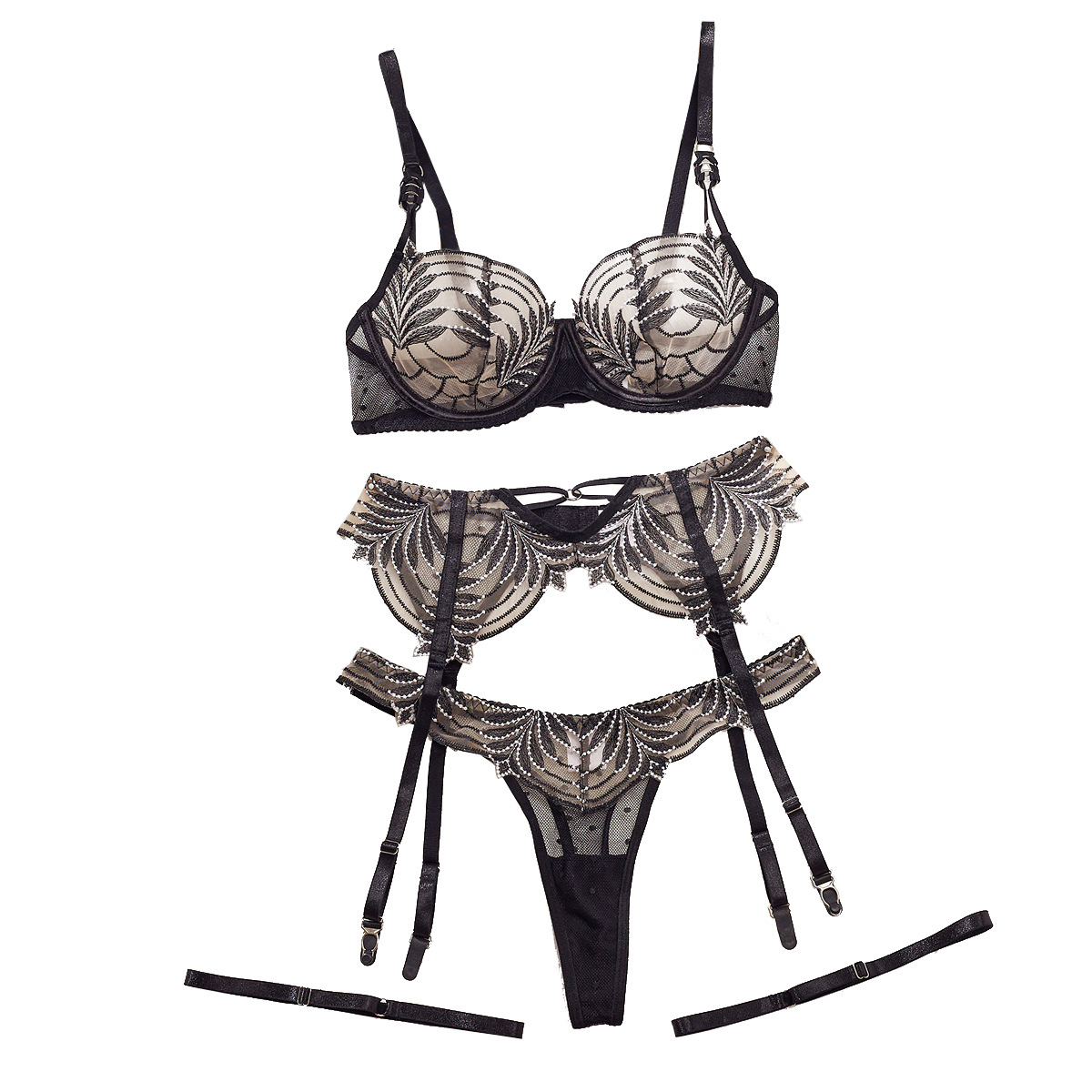 Perspective embroidery lace splicing polka dot mesh sexy lingerie four piece set - Image 4