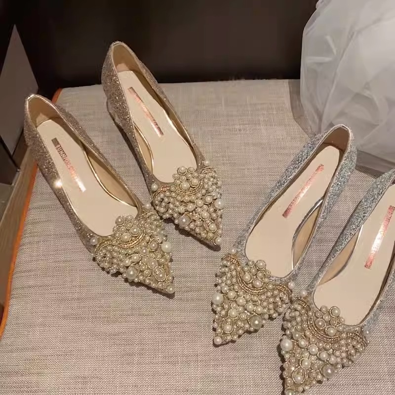 Pointed high heels, women's thick heels, French wedding shoes - Image 10
