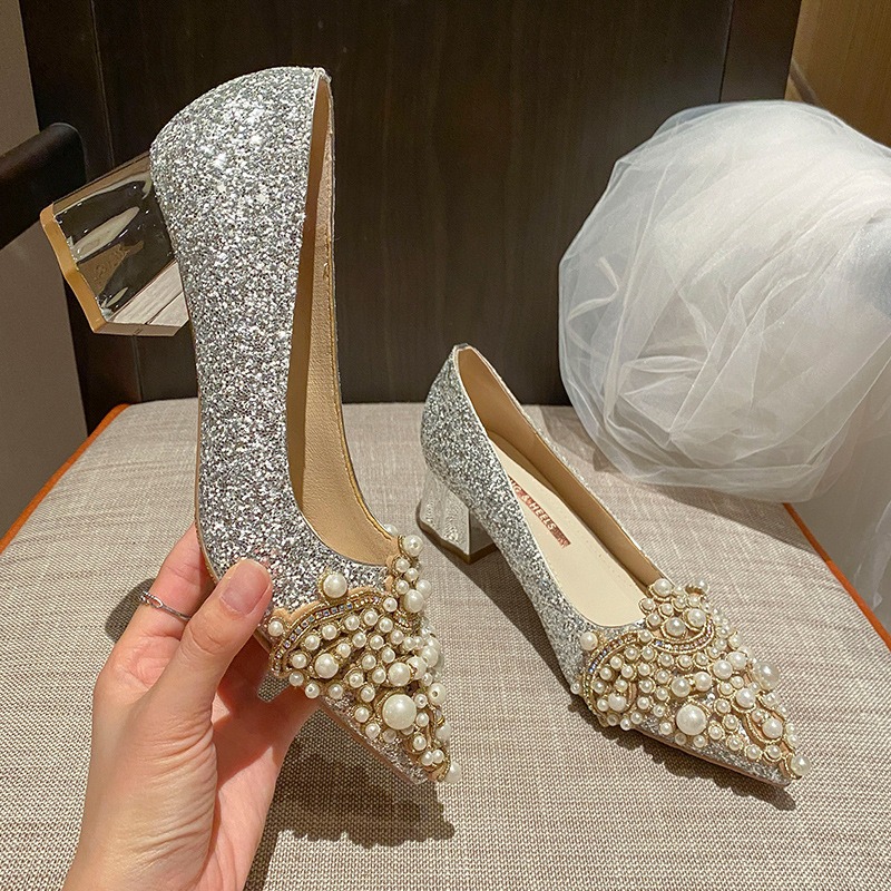 Pointed high heels, women's thick heels, French wedding shoes - Image 2
