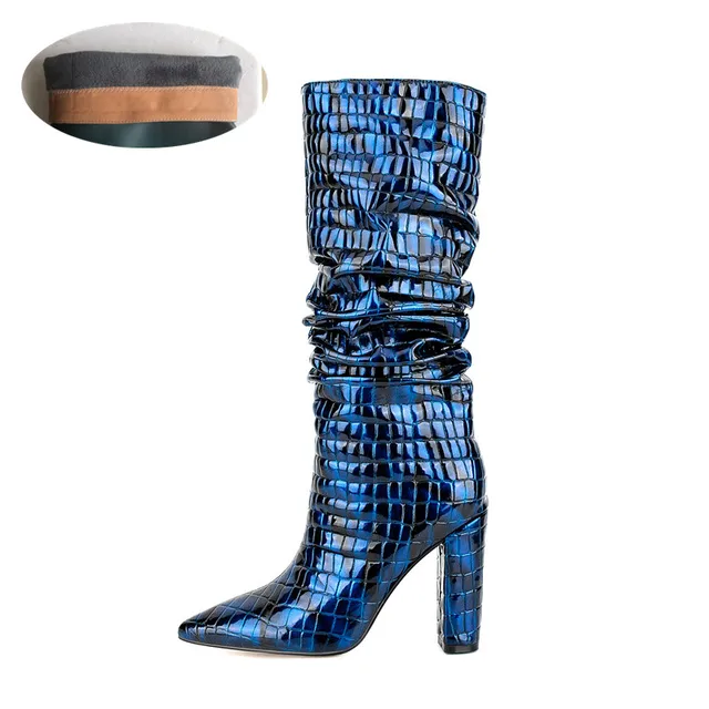 Women's Autumn and Winter New European and American Fashion Snakeskin Super Transition Leather Pleated Knee Length Boots - Image 3