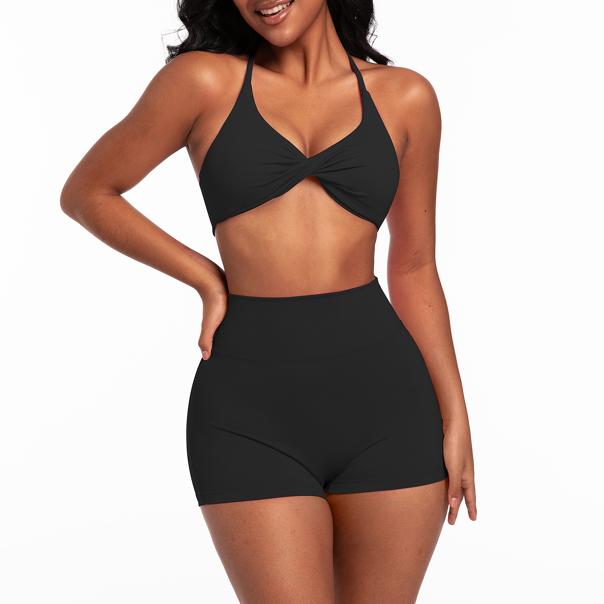 Outdoor yoga suit set, quick drying exercise yoga bra, women's high waist peach hip yoga shorts - Image 7