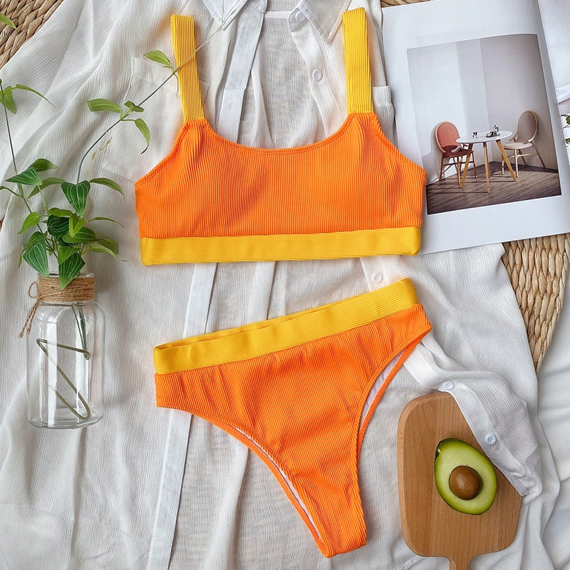 High Waist Bikinis Swimsuits Bandeau Swimwear Women Splicing Biquini Beachwear Sports Ribbed Bathing Suits New - Image 9