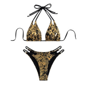 Sexy Snake Print Halter Three-Piece Bikini Swimwear Set