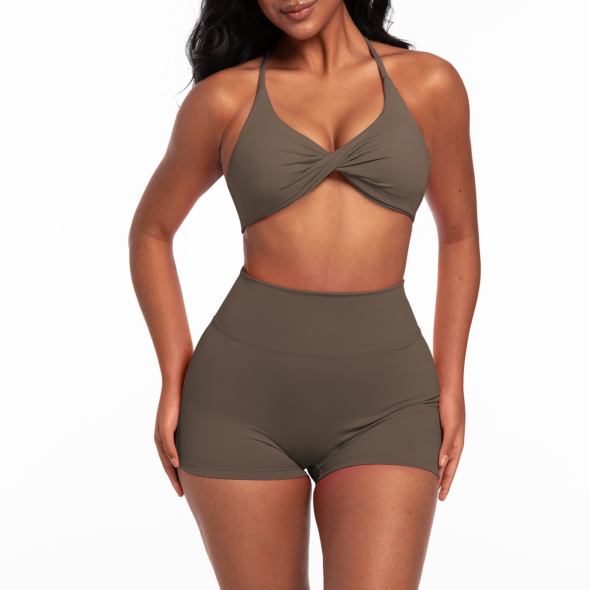 Outdoor yoga suit set, quick drying exercise yoga bra, women's high waist peach hip yoga shorts - Image 8