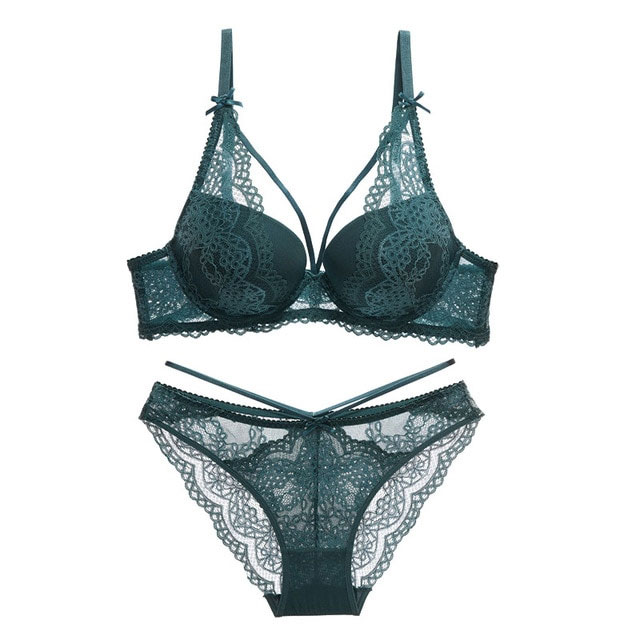 Green Underwear Set Women Bra Push Up Brassiere Cotton Thick Black Gather Sexy Bra Panties Sets Embroidery Lace Lingerie Set - Image 4