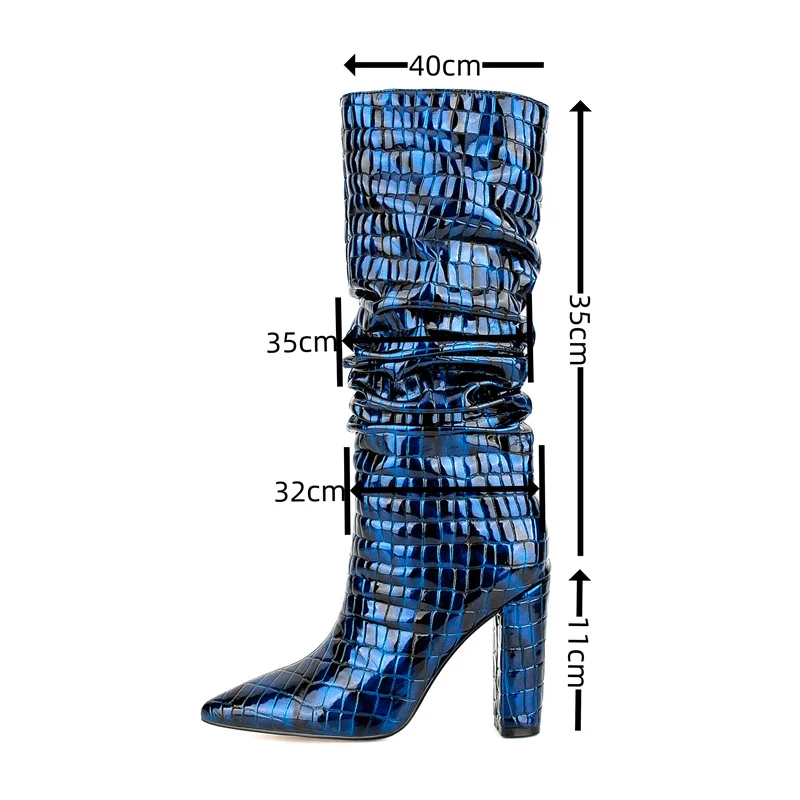 Women's Autumn and Winter New European and American Fashion Snakeskin Super Transition Leather Pleated Knee Length Boots