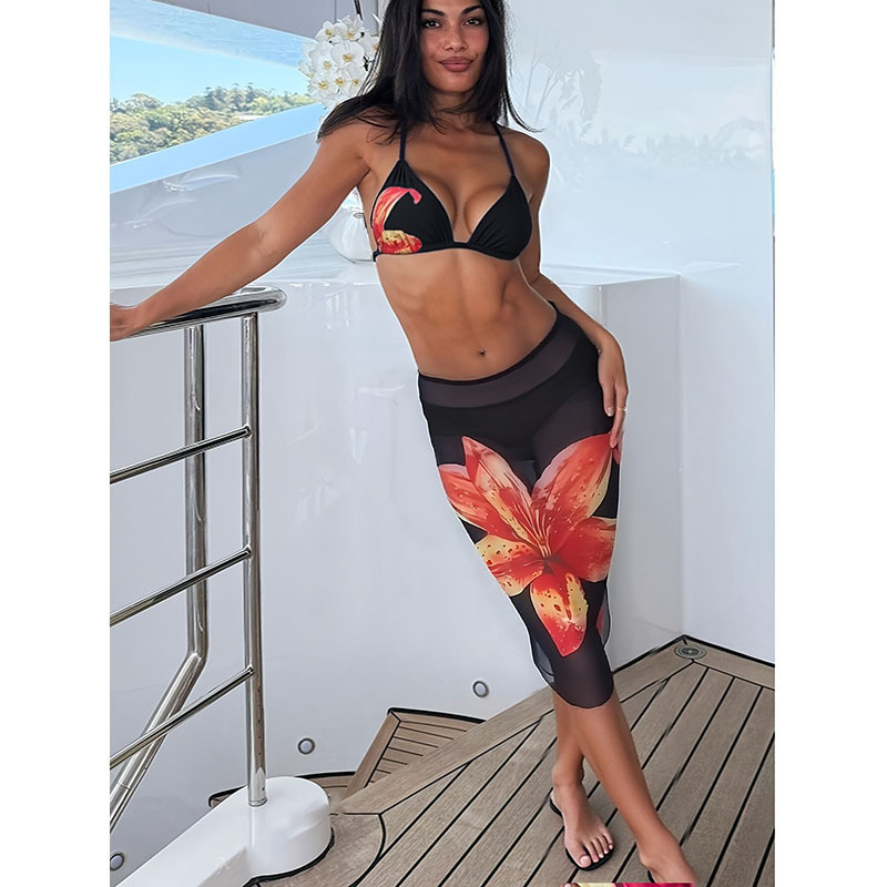 Printed Mesh Three-Piece Swimwear Set for Women Beach Bikini Swimwear - Image 5