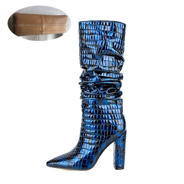Women's Autumn and Winter New European and American Fashion Snakeskin Super Transition Leather Pleated Knee Length Boots - Image 4