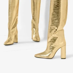 Sliver Gold Snake Skin Print Leather High Heels Knee High Winter Autumn Rain Boots Cowgirl western