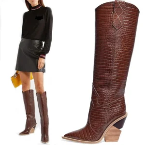 Fashion Knee-High Boots Women Slip-On Leather Chunky Wedges Boots Pointed Toe Western Cowboy Boots Winter Shoes Women