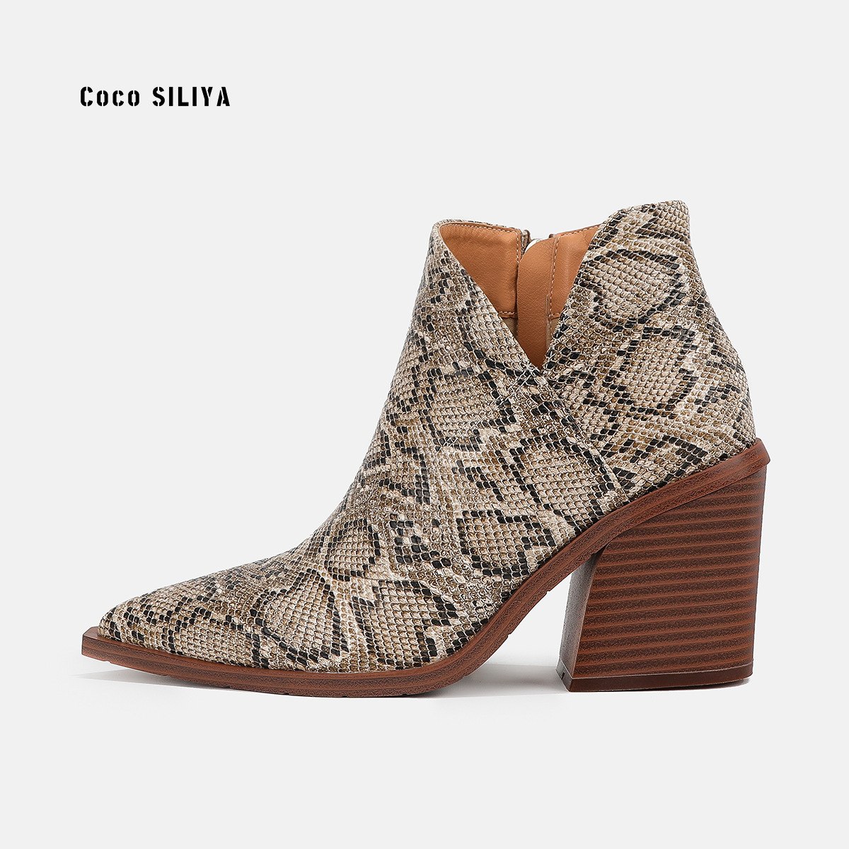 Women's Snakeskin Leather Boots New Ankle Boots Thick Heel Pointy Big Short Boots - Image 5