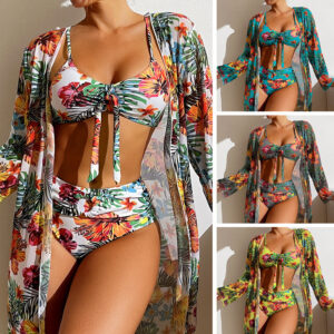 Long top split three piece printed sexy swimsuit women's bikini