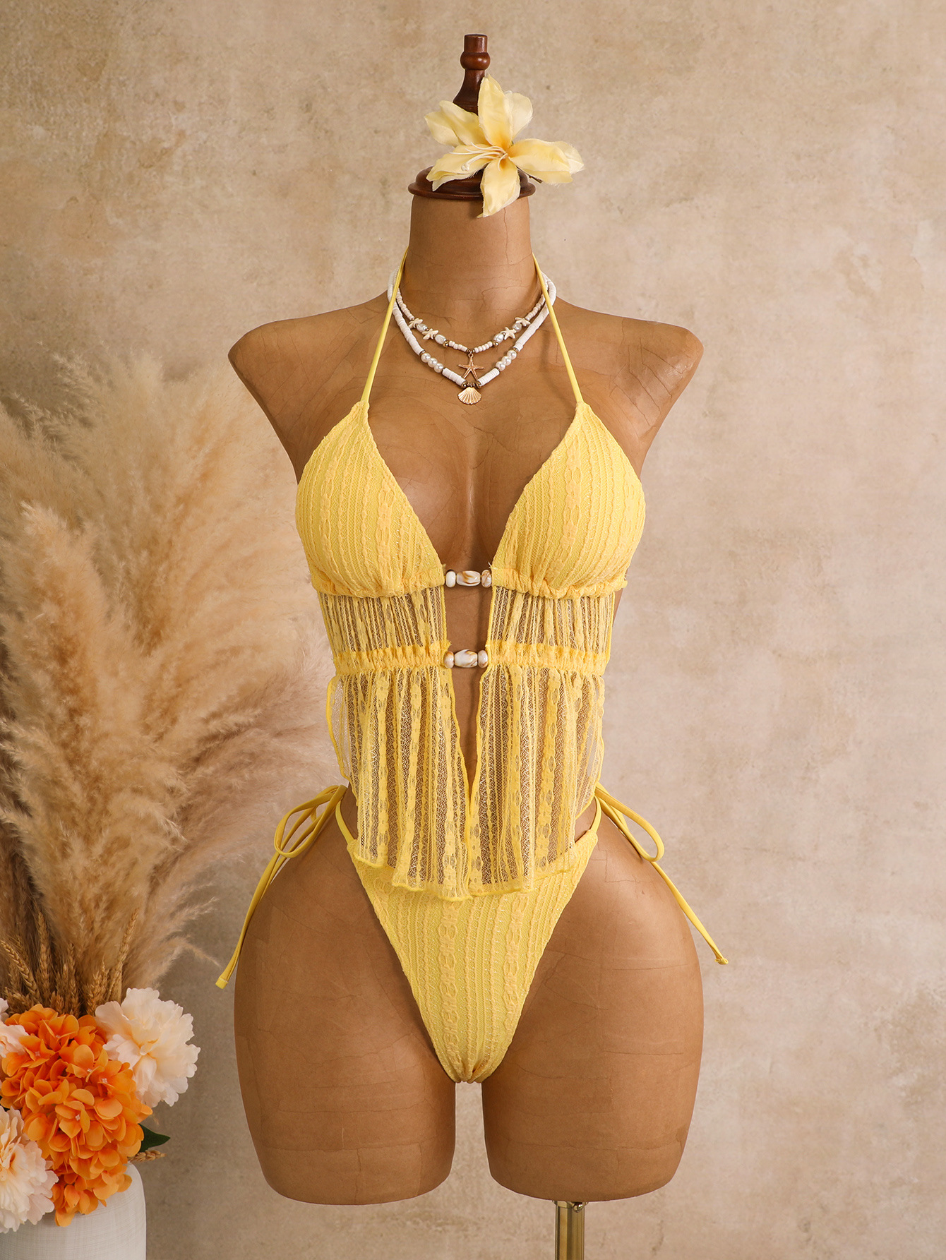 Yellow neck hanging bikini sexy hollow tassel lace up swimsuit for women - Image 6