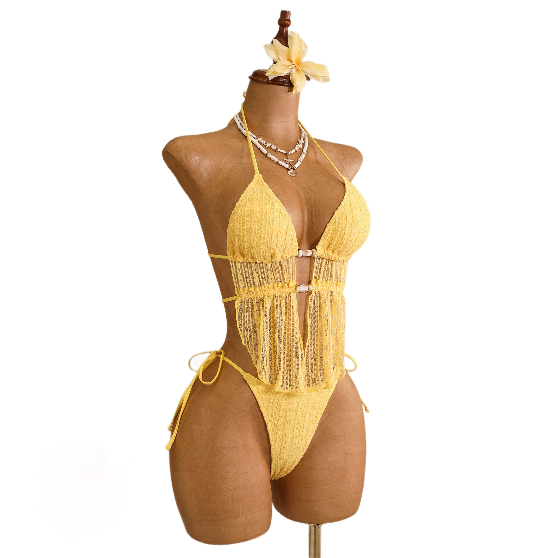 Yellow neck hanging bikini sexy hollow tassel lace up swimsuit for women - Image 5