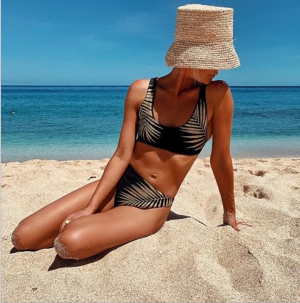 High Waist Bikini Swimsuit Women Sexy Print Bikinis Black Biquini Leaf Print Bikini Brazilian Micro Swimwear Women - Image 3