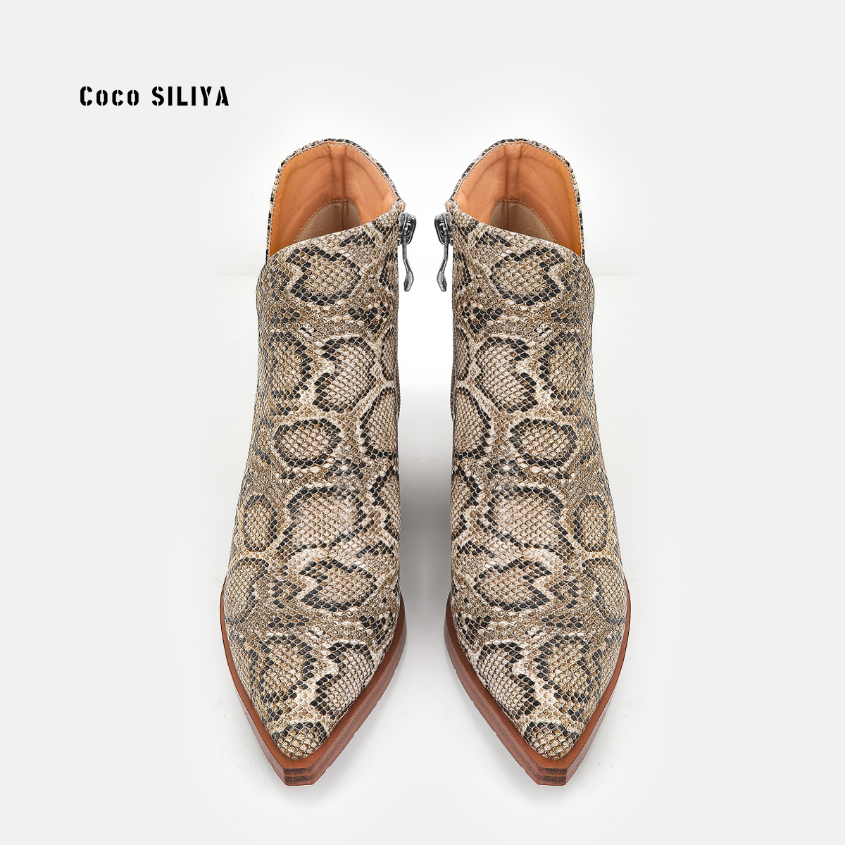 Women's Snakeskin Leather Boots New Ankle Boots Thick Heel Pointy Big Short Boots - Image 2