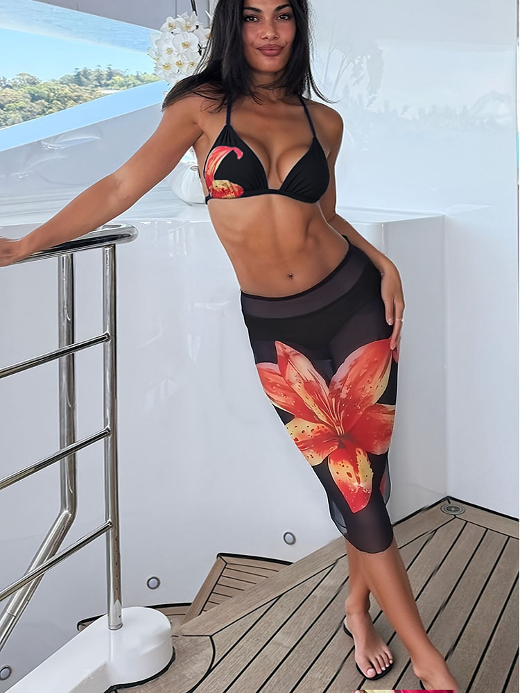 Printed Mesh Three-Piece Swimwear Set for Women Beach Bikini Swimwear - Image 6